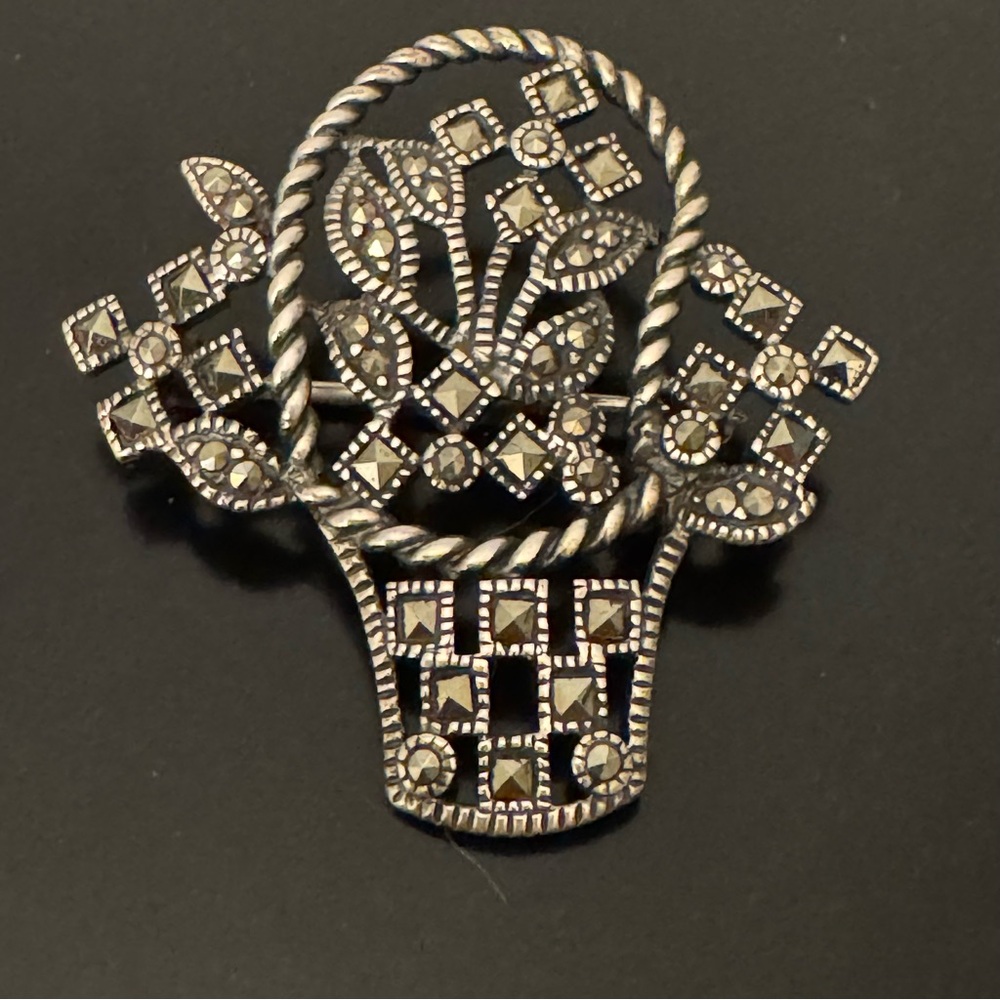 Vintage Sterling Silver Marcasite Basket Brooch